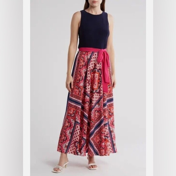 Eliza J Handkerchief Bandana Boho Maxi Dress Navy Pink Orange Size 16 NWT - Picture 1 of 10